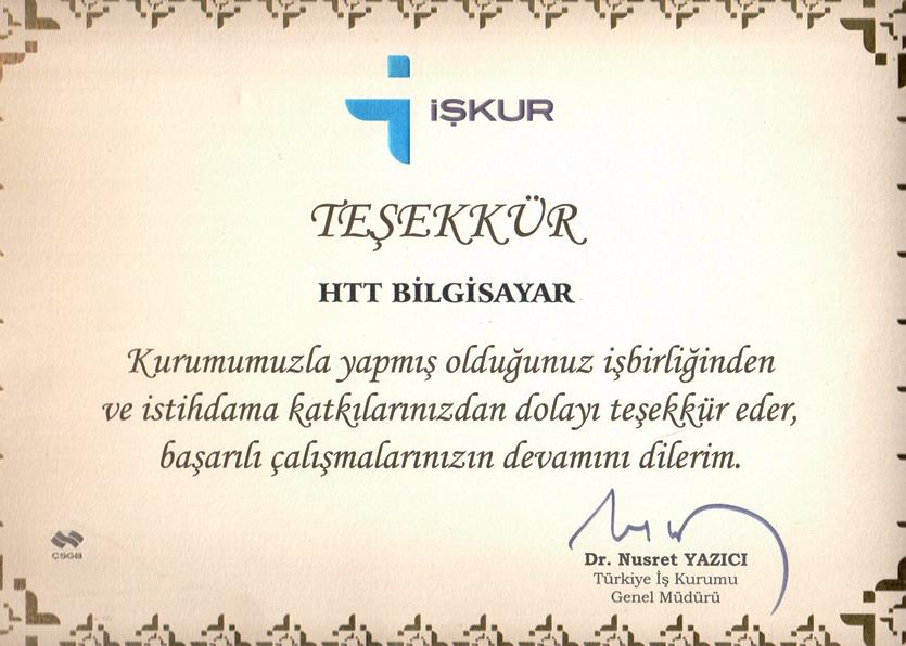 HTT İşkur Teşekkür Belgesi